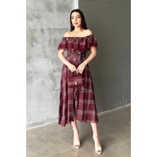 Caddebostan Moda Ispanyol Kol Dantel Detaylı Ekoseli Belden Bağlamalı Midi Elbise