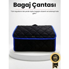 E-BİZ Rover Mavi Kenarlı Siyah Tay Tüyü Araç Bagaj Düzenleyici Organizer – Kaymaz Cırt Bantlı Geniş Hacimli Çanta