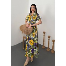 Caddebostan Moda Çiçek Desenli Gömlek Yaka Kemerli Uzun Elbise