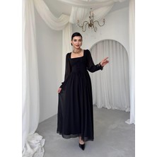 Caddebostan Moda Kare Yaka Uzun Kollu Şifon Korsaj Bağlama Detaylı Şık Maksi Elbise