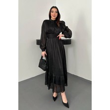 Caddebostan Moda Bel Büzgülü Hakim Yaka Uzun Kollu Şık Abiye Elbise
