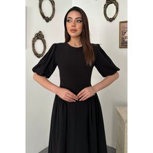Caddebostan Moda Arkadan Bağlamalı Büzgülü Keten Elbise, Balon Kol Midi Boy Yazlık Elbise