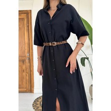 Caddebostan Moda Keten Görünümlü Gömlek Yaka Düğmeli Midi Boy Yazlık Elbise