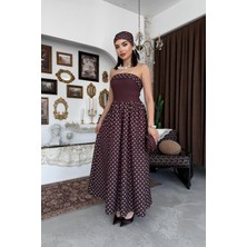 Caddebostan Moda Puantiye Desenli Straplez Bağlamalı Midi Elbise ve Bandana Seti