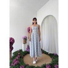 Caddebostan Moda Askı Detaylı Büzgülü Elbise Kare Yaka Çiçek Desenli Midi Elbise