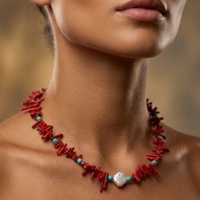 THEIA GemWorks Viva - Turkuaz, Dal Mercan ve Barok Inci El Yapımı Kolye