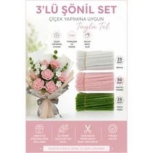 Dünya Magnet 100 Adet 3'lü Şönil Set Pastel Pembe (50) , Beyaz (25) , Ordu Yeşili (25) Şönil ,çiçek Yapım Seti