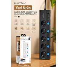 Azurtech Fulltech Ftr-28 5’li Akım Korumalı Priz | 2x Usb-A + 2x Usb-C Pd 20W Hızlı Şarj, 2 Metre Kablo, Ayrı Açma/kapama Anahtarlı