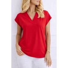 Trend Metkar Kadın V Yaka Kısa Kol Dokuma Viskon Kumaş Bluz