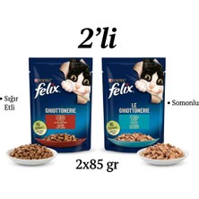 ​felix Sığır Etli ve Somonlu Yaş Kedi Maması 2'li Paket 2X85 gr