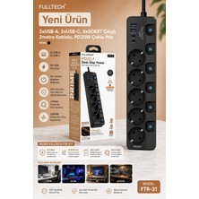 Azurtech Fulltech Ftr-31 5’li Akım Korumalı Priz | 2x Usb-A + 2x Usb-C Pd 20W, Ayrı Anahtarlı, 2 Metre Kablo, 3680W