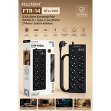 Azurtech Fulltech Ftr-14 10’lu Akım Korumalı Priz | 3x Usb-A + Type-C Şarj Portlu, 3.4A Hızlı Şarj, 2 Metre Kablo, 3680W