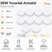 Kondel Aydınlatma 10 Adet Horoz 36W Yuvarlak LED Armatür 24 cm Sıva Üstü Beyaz Işık 3600 Lümen Plastik Gövde