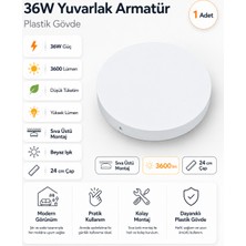 Kondel Aydınlatma 1 Adet Horoz 36W Yuvarlak LED Armatür 24 cm Sıva Üstü Beyaz Işık 3600 Lümen Plastik Gövde