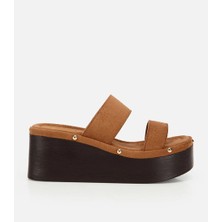 Hotiç 01TEY324190A370 KADIN Taba Süet Taş Aksesuarlı Çift Bantlı Platform Terlik