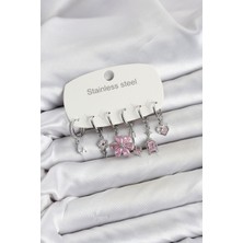 Kyops 316L Çelik Gümüş Renk Pembe Zirkon Taşlı Lotus Detaylı Kadın Küpe Seti - Lisinya