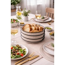 Leya Home Yuvarlak Eskitme Siyah Metal Beyaz Hasır Örme Lüks Ekmek Sepeti 10X21