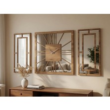 Ergeç Tasarım Aynalı Pleksi Dekoratif Duvar Saati Seti 3 Parça Atlantik Çam 50X50 cm Saat + 2 Adet 50X25 cm Ayna Panel Sessiz Mekanizma