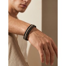 Parmas Design Dalmaçya Taşlı Çok Katmanlı Örgü Detaylı Deri Erkek Bileklik 01842
