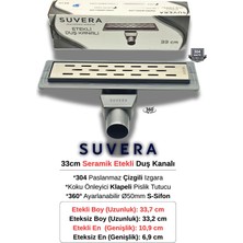 Suvera 33CM 304 Paslanmaz Izgaralı (Seramik Etekli) Koku Önleyici Klapeli Duş Kanalı - Ø50 mm 360° S-Sifon (Çizgili Izgara)