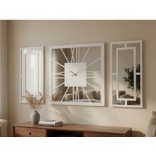 Ergeç Tasarım Beyaz Dekoratif Duvar Saati Seti 3 Parça 50X50 cm Saat + 2 Adet 50X25 cm Ayna Pleksi Panel Sessiz Mekanizma