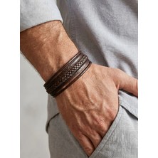 Parmas Design Çoklu Deri Erkek Örgü Detay Çelik Kilit Hediye Bileklik 01840