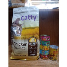 Catty Yetişkin Kedi Kuru Mama Tavuklu 1.5 Kg+5 Adet Tavuklu Püre Kedi Konserve+1 Adet Tavuklu Kedi Çorbası 135 ml