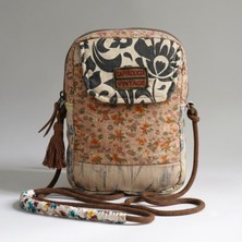 Cappadocia Vintage Kadın Açık Kahverengi Çiçek Desenli Omuz Çantası - Bohem Tarz Mini El ve Telefon Çantası