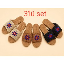 My Stil Moda 3'lü Set Kadın Hasır Terlik Bej Örgü Dantel Triko Nakış Işlemeli Şık Yeni Sezon Yazlık Ev Plaj Tatil Terliği