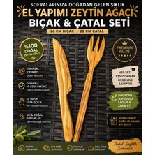 Elite Wood El Yapımı Zeytin Ağacı Servis Seti | Doğal Ahşap Çatal Bıcak Sunum Ikilisi 26 cm 28 cm