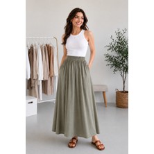 Dream Style Kadın Tencel Kumaş Beli Lastikli Cep Detaylı Etek