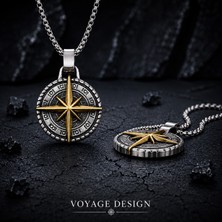 Voyage Accessory Paslanmaz Çelik Antik Gümüş Antrasit Renk Kuzey Yıldızı Pusula Kolye