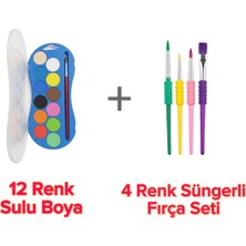 The Monarch Co 12 Renk Sulu Boya ve 4'lü Süngerli Ergonomik Fırça Seti - Okul Öncesi Çocuk Sanat ve Etkinlik Paketi