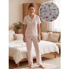 Sleeproom Önden Düğmeli Waffle Kumaş Çiğçek Desen Beyaz Kısa Kol Pijama Takımı