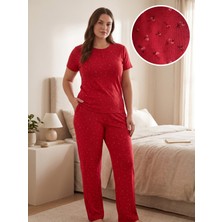 Sleeproom Büyük Beden Pointel Çiçek Desen Kırmızı Kısa Kol Pijama Takımı