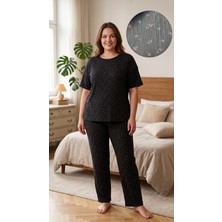 Sleeproom Büyük Beden Pointel Çiçek Desen Siyah Kısa Kol Pijama Takımı