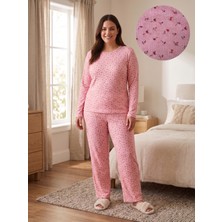 Sleeproom Büyük Beden Pointel Çiçek Desen Pembe Uzun Kol Pijama Takımı