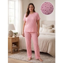 Sleeproom Büyük Beden Pointel Çiçek Desen Pembe Kısa Kol Pijama Takımı