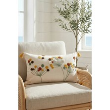 Destiva Home Renkli Tomurcuk Punch Nakışlı Dekoratif Püsküllü Gizli Fermuarlı Pamuk Kırlent Kılıfı  35X55 cm