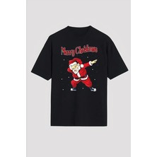 Tarz Yeri Yılbaşı Merry Christmas Noel Baba Baskılı Oversize Bisiklet Yaka T-Shirt - Siyah