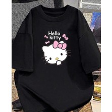 Classy Moda Hello Kitty Baskılı Oversize Bisiklet Yaka Tişört