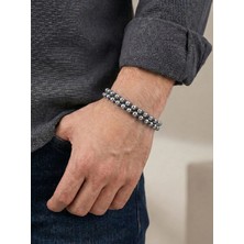 Parmas Design Çift Şerit Gümüş ve Mavi Renk Hematit Çelik Erkek Premium Bileklik 01833