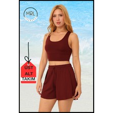 Miss Maral Kadın Bordo Şortlu Mayo Spor Takım – 2 Katmanlı, Havuz & Deniz Kenarı Kullanımına Uygun TK3108
