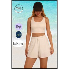 Miss Maral Kadın Doğal Ekru Iki Katmanlı Spor Mayo Takım – Sabit Pedli Üst, Cepli Lastikli Şort Tk 3108