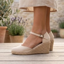 Star Tombis  Elişi Bej Bilekten Bantlı Topuğu Açık Keten Espadril Dolgu Topuk Handmade