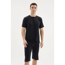 Kly Pijama Kly 26256 Erkek Siyah Tencel/tensel Yarım Düğmeli Yarım Kollu Cepli Kapri Takım