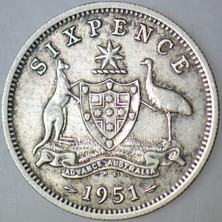 Banknoting Avustralya 6 Pence 1951 Gümüş-Kral 6. George Dönemi-19 Mm.