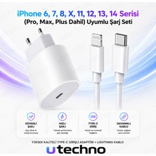 utechno Apple Uyumlu iPhone Hızlı Şarj Aleti Adaptör + Lightning Kablo 6 7 8 X 11 12 13 14 Pro Max Plus Uyumlu 25W iOS