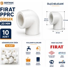 Fırat Pprc Dirsek 20 mm Tam 90 Derece 10 Adet Temiz Su Kombi Kalorifer Tesisat Ek Parçası