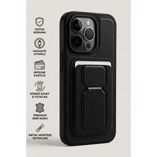 Nare iPhone 15 Pro Max Kartlı Kılıf Magsafe Uyumlu Döner Standlı Tutacaklı Premium Deri Dokulu Siyah Kılıf